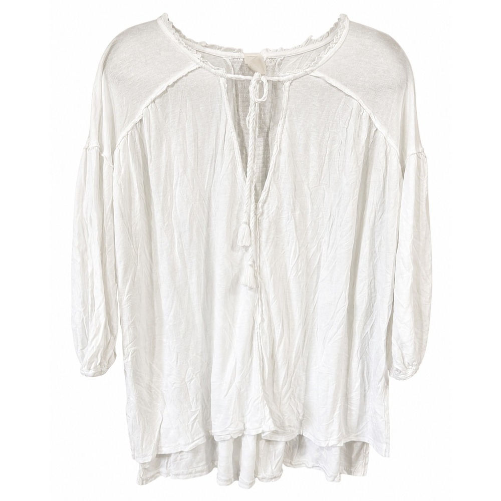 We The Free Free People White Boho Linen Blend Tassel Tie Peasant Blouse Small
